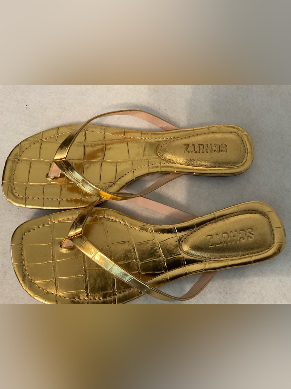 Schutz Metallic Gold Croc-Embossed Flip Flop Sandals